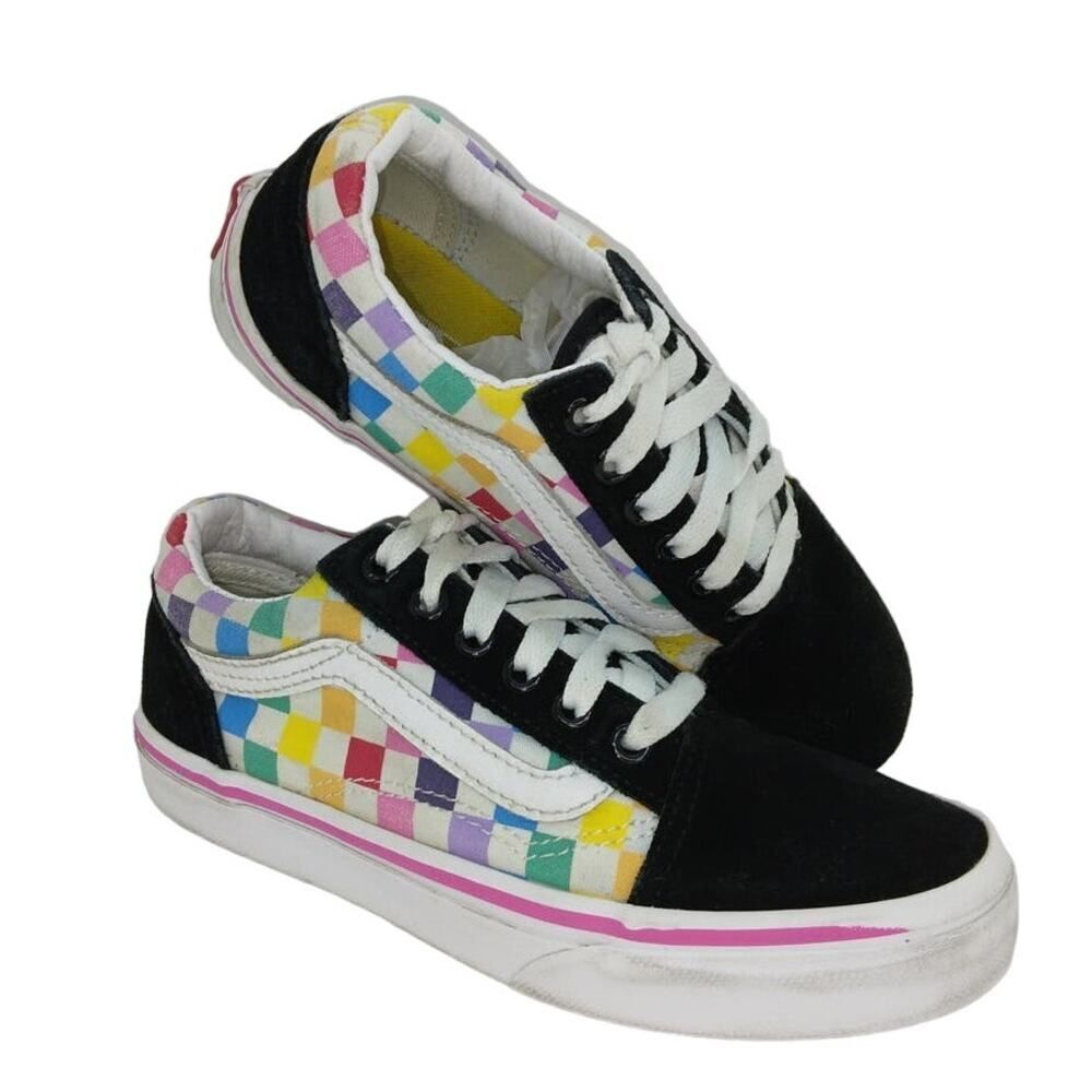 VANS OLD SKOOL Girls Black & White, Colored Checkered Sneakers - Size: 2